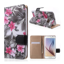 OEM Samsung S6 GIGAPACK tok álló, bőr hatású FLIP, rózsaszín virág, SZÜRKE tok és táska
