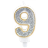 OEM Szülinapi '9' ezüst glitter gyertya / 7 cm