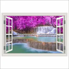  Öntapadó fotótapéta Window Waterfall, rózsaszín erdő, Laosz, 300 x 200 cm tapéta, díszléc és más dekoráció