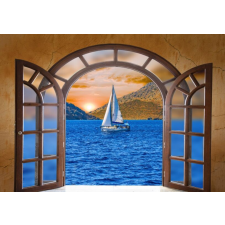  Öntapadós tapéta Fa kapu, tenger, csónak, 250 x 150 cm tapéta, díszléc és más dekoráció