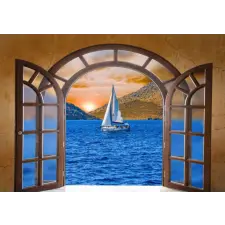  Öntapadós tapéta Fa kapu, tenger, csónak, 300 x 250 cm tapéta, díszléc és más dekoráció