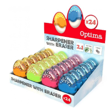 OPTIMA Hegyező és radír display OPTIMA 1 lyukú tartályos műanyag 24 db/display hegyező
