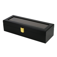  Óratartó doboz, 6 db karórához, kívül fekete színű festett fa felület, belül barna textil borítás ékszerdoboz