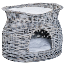 Osoam Macskafekhely 56x37x40 cm macskaágy rattan kosár párnával kétszintes szürke fekvőhely szállítóbox, fekhely macskáknak