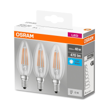  OSRAM Base LED gyertya, átlátszó üveg búra, 4W 470lm 4000K E14 − 3 db-os szett, átlagos élettartam: 10000 óra, fényszín: hideg fehér LED BASE CL B 40 FIL 4W 4000K E14 x3 ( 4058075819719 ) izzó