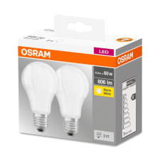  OSRAM Base LED körte, matt plasztik búra, 8,5W 806lm 2700K E27 − 2 db-os szett, átlagos élettartam: 10000 óra, fényszín: meleg fehér LED BASE CL A 60 FR 8.5W 2700K E27 x2 ( 4058075152656 ) izzó