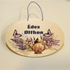 Ovális színes dekortábla 'Édes Otthon' felirattal, kannás. dekorációs kellék