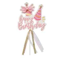  Papír tortadekoráció – Happy Birthday – Sapka masnival - Rózsaszín party kellék