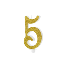 PartyDeco születésnapi glitter gyertya, 5, arany, 10cm party kellék