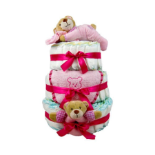 Pelenkatorta Webshop Babaváró ajándék ötlet: Rózsaszín három emeletes pelenkatorta macikkal ajándéktárgy