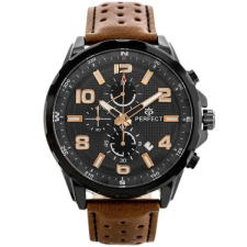 Perfect CH05L férfi kronográf karóra barna bőrszíjjal, fekete számlap, 48mm karóra