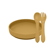 PetiteMars PETITE&amp;MARS Szilikon 2 részes étkészlet TAKE&amp;MATCH tányér + evőeszközök Intense Ochre 6hó+ babaétkészlet