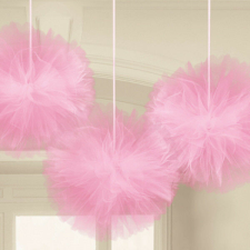 Pink, Rózsaszín függő tüll pom pom dekoráció 3 db-os party kellék