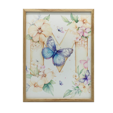 PLAKÁT FALRA ARANY KERETBEN M BETŰ VIRÁGOK PILLANGÓ 40x50 CM grafika, keretezett kép