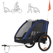 Polisport kerékpáros utánfutó max 2 gyermek szállítására, rugós lengéscsillapítás, 2 kerékpár adapterrel a csomagban, futó-szett nélkül, kék/ezüst kerékpár és kerékpáros felszerelés