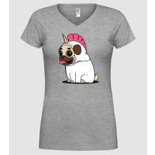 Pólómánia Pug Unicorn - Női V nyakú Póló női póló