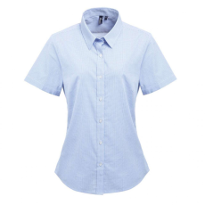 Premier Női blúz Premier PR321 Women'S Short Sleeve Gingham Microcheck Shirt -2XL, Light Blue/White