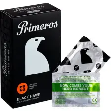 Primeros Black Hawk fekete óvszer, 12 db síkosító
