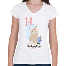 PRINTFASHION 14. Alpakaliptikus születésnap - Alpaca póló 14. születésnapra - Női V-nyakú póló - Fehér női póló