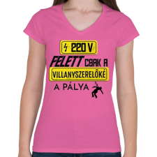 PRINTFASHION 220V FELETT | Fekete - Női V-nyakú póló - Rózsaszín női póló