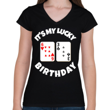 PRINTFASHION 63 POKER SZÜLINAP - Női V-nyakú póló - Fekete női póló