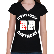 PRINTFASHION 68 POKER SZÜLINAP - Női V-nyakú póló - Fekete