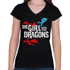 PRINTFASHION A lány és a sárkányok - Női V-nyakú póló - Fekete