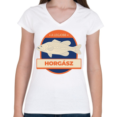 PRINTFASHION A legjobb horgász - Női V-nyakú póló - Fehér