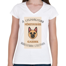 PRINTFASHION A legnagyobb gazdi - Németjuhász - hónappal - Női V-nyakú póló - Fehér