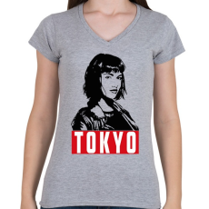 PRINTFASHION A nagy pénzrablás - Tokyo - Női V-nyakú póló - Sport szürke