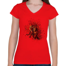 PRINTFASHION absztakt tigris portré - Női V-nyakú póló - Piros női póló