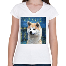 PRINTFASHION Akita festmény - Női V-nyakú póló - Fehér női póló