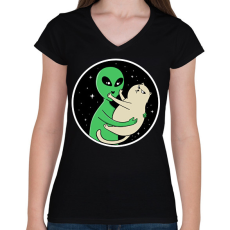 PRINTFASHION Alien és macska - Női V-nyakú póló - Fekete