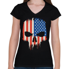 PRINTFASHION Amerikai zászló koponya USA - Női V-nyakú póló - Fekete női póló