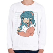 PRINTFASHION Animés lány cicával - Gyerek pulóver - Fehér gyerek pulóver, kardigán