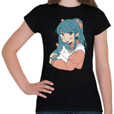 PRINTFASHION Animés lány cicával - Női póló - Fekete női póló