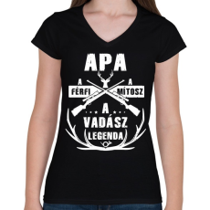 PRINTFASHION Apa a vadász legenda - Női V-nyakú póló - Fekete