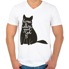 PRINTFASHION Az otthon ott van ahol a macskád - Férfi V-nyakú póló - Fehér férfi póló
