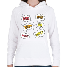 PRINTFASHION bang boom omg oops - Női kapucnis pulóver - Fehér női pulóver, kardigán
