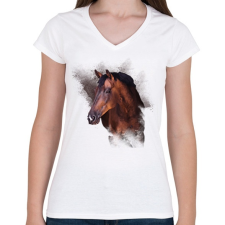 PRINTFASHION barna ló arc - Női V-nyakú póló - Fehér női póló