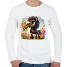 PRINTFASHION Barna póni virágcsokorral - Férfi hosszú ujjú póló - Fehér férfi póló