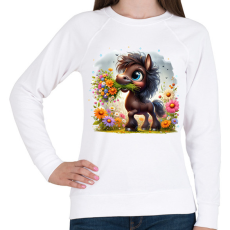 PRINTFASHION Barna póni virágcsokorral - Női pulóver - Fehér