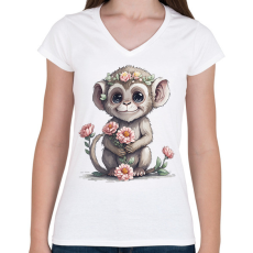PRINTFASHION Bébi majom virágokkal - Női V-nyakú póló - Fehér