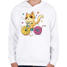 PRINTFASHION Biciklis cica - Gyerek kapucnis pulóver - Fehér gyerek pulóver, kardigán