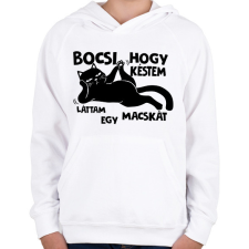 PRINTFASHION Bocsi hogy késtem láttam egy macskát - Gyerek kapucnis pulóver - Fehér gyerek pulóver, kardigán