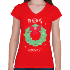 PRINTFASHION Boldog Karácsonyt - Női V-nyakú póló - Piros