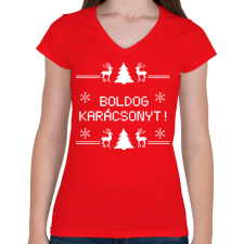 PRINTFASHION Boldog karácsonyt rénszarvas - Női V-nyakú póló - Piros női póló