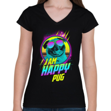 PRINTFASHION Boldog mopsz - Női V-nyakú póló - Fekete