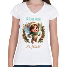 PRINTFASHION Boldog vagy - Női V-nyakú póló - Fehér női póló