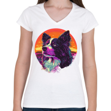 PRINTFASHION Border Collie Synthwave - Női V-nyakú póló - Fehér női póló